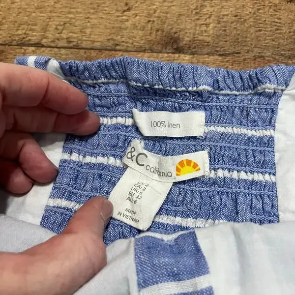 C&C California | Women's Beachy Blue White Stripe 100% Linen Capri Romper Sz 2 - Picture 6 of 6